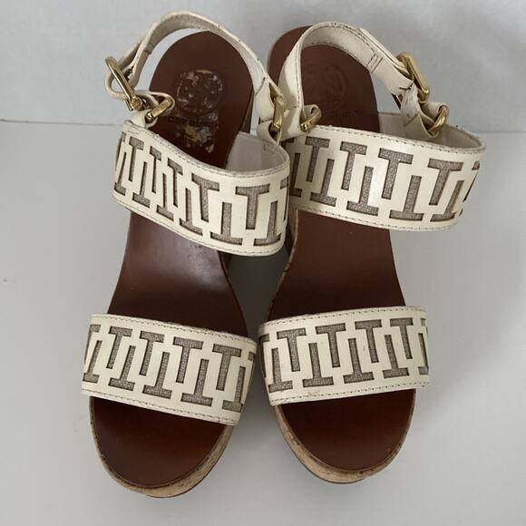 Tory Burch Regan Sandal Wedge Cork Platform White Leather Open Toe Ankle… - Picture 4 of 8